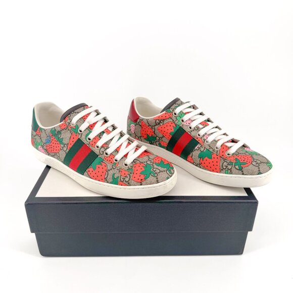 Gucci Ace Web Stripe Sneaker EU 38 US 8 Beige GG Monogram Strawberry Print - Picture 1 of 14